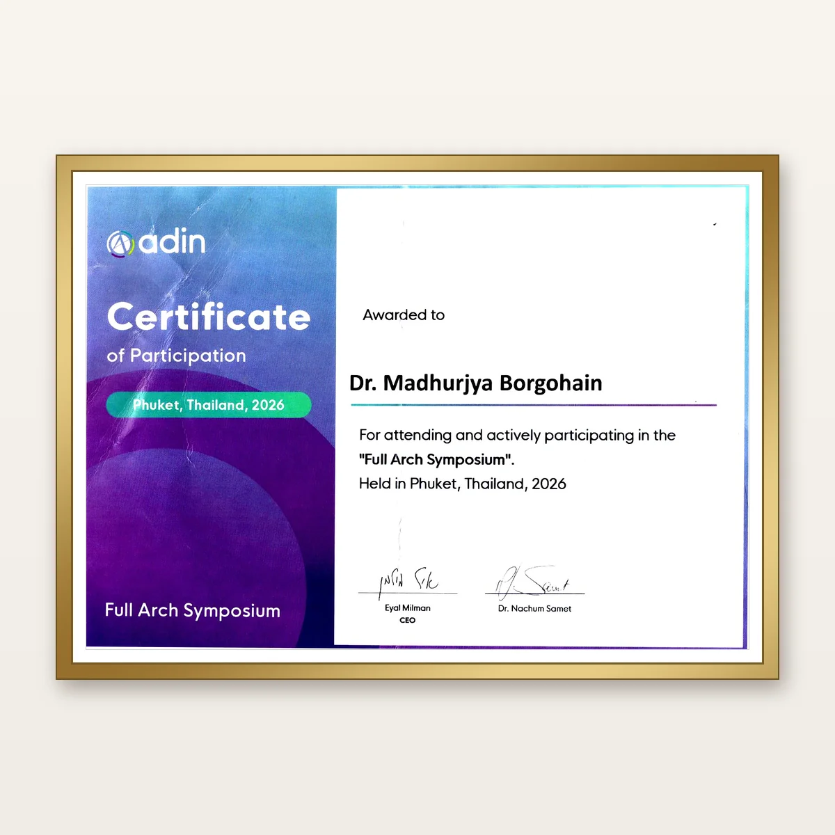 ADIN Full-Arch Symposium certificate awarded to Dr. Madhurjya Borgohain, 2026