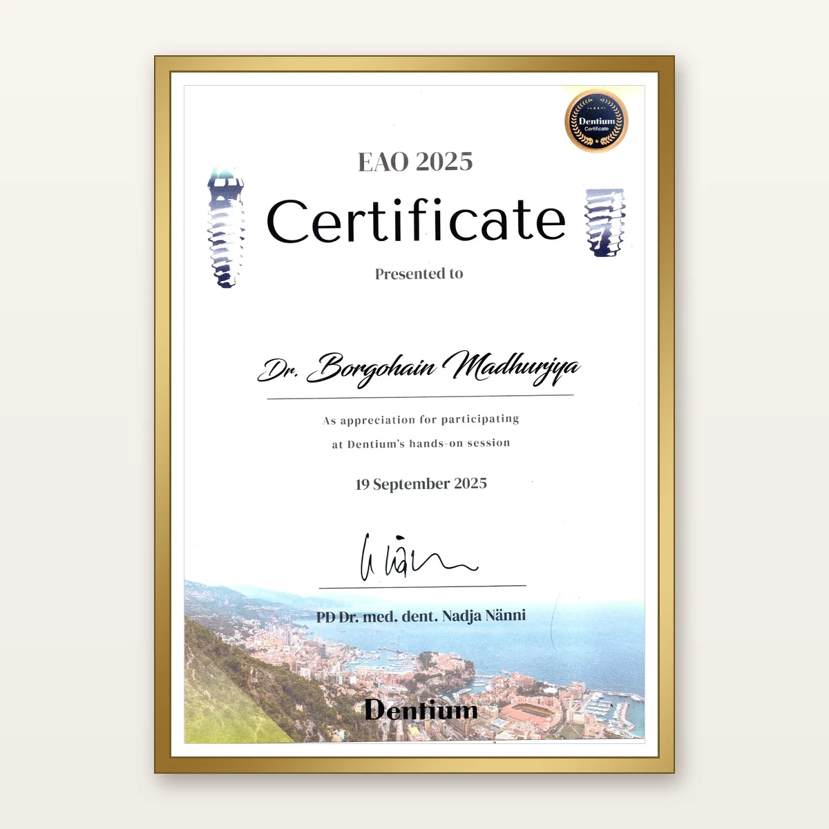 Dentium at EAO certificate awarded to Dr. Madhurjya Borgohain, 2025