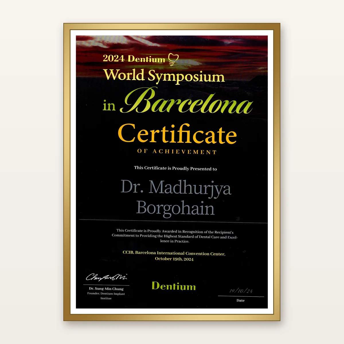 Dentium World Symposium certificate awarded to Dr. Madhurjya Borgohain, 2024