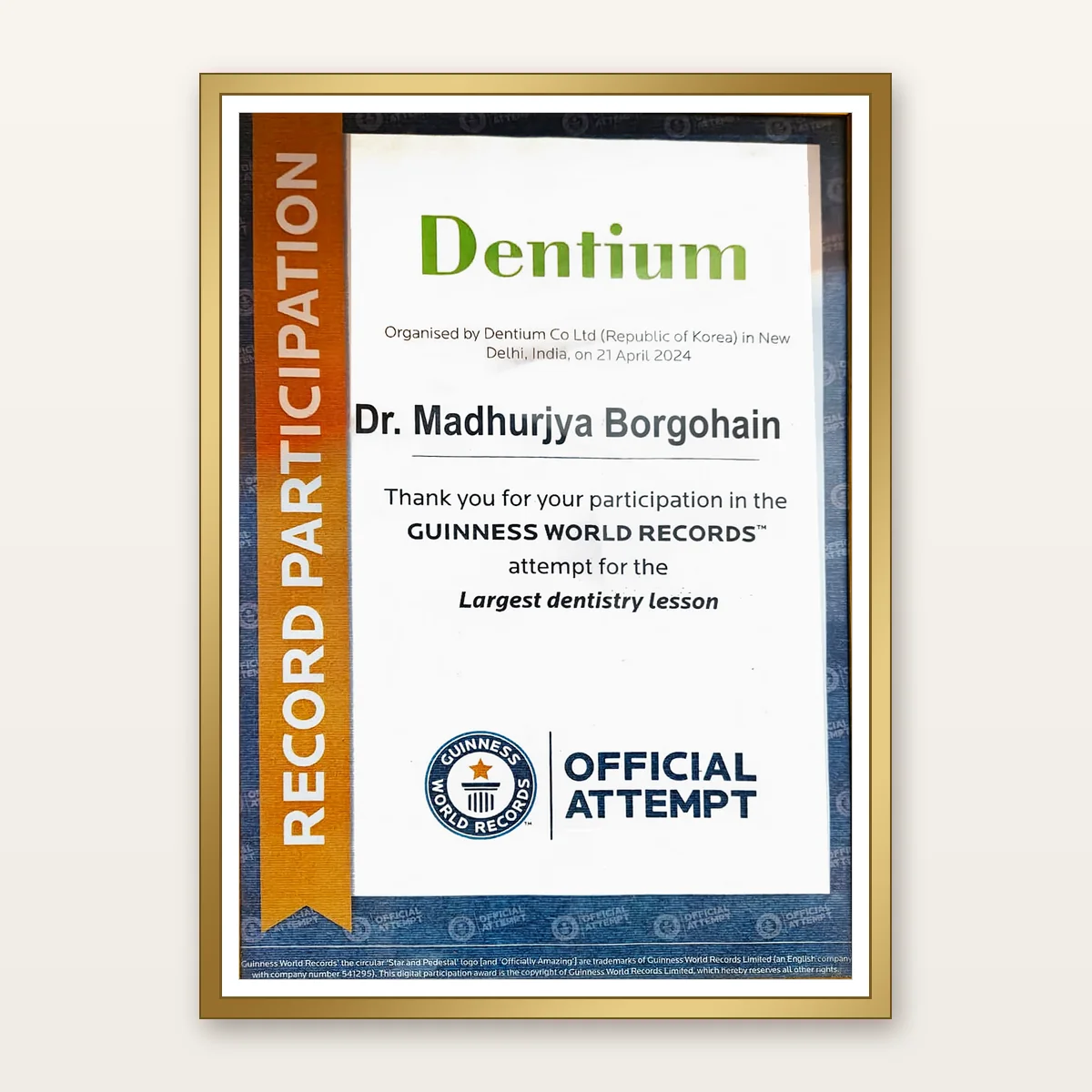 Guinness World Record certificate awarded to Dr. Madhurjya Borgohain, 2024