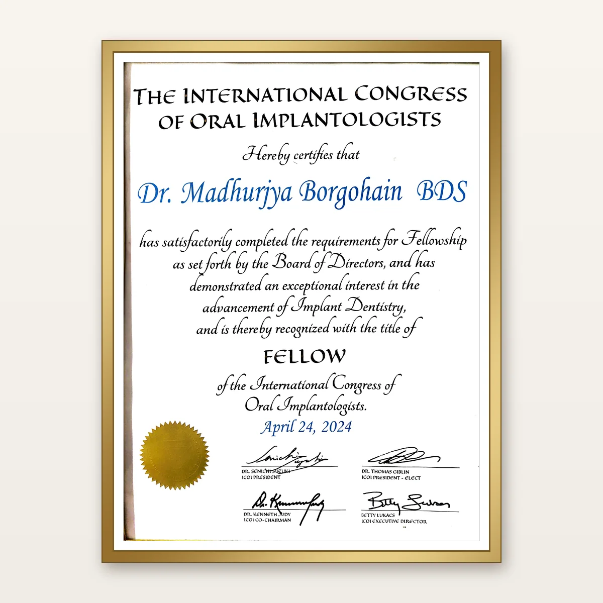 ICOI Fellowship certificate awarded to Dr. Madhurjya Borgohain, 2024